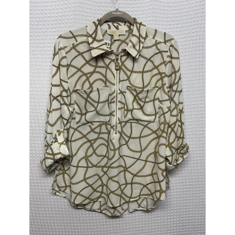 NEW Michael Kors Zip Front Bone/Gold Chain Logo Top Size Large Roll Tag Long Slv